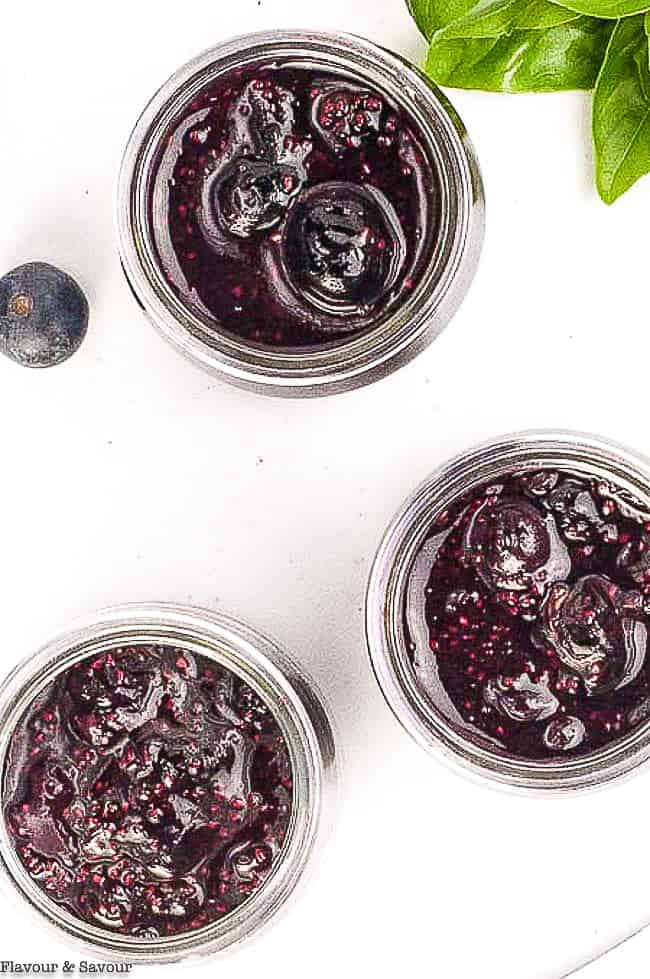 Overhead view of jars of Blueberry Basil Chia Seed Jam