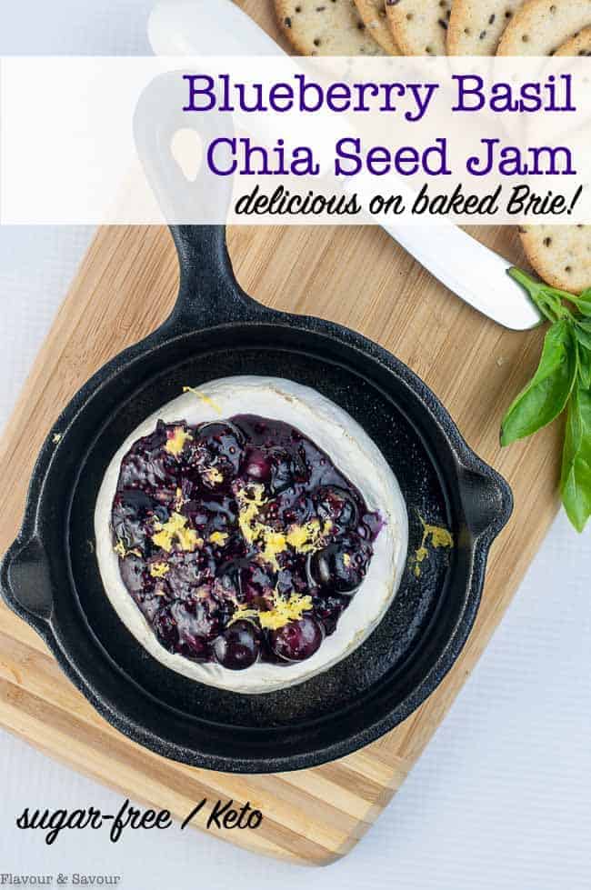 Pin for Blueberry Basil Chia Seed Jam on Baked Brie
