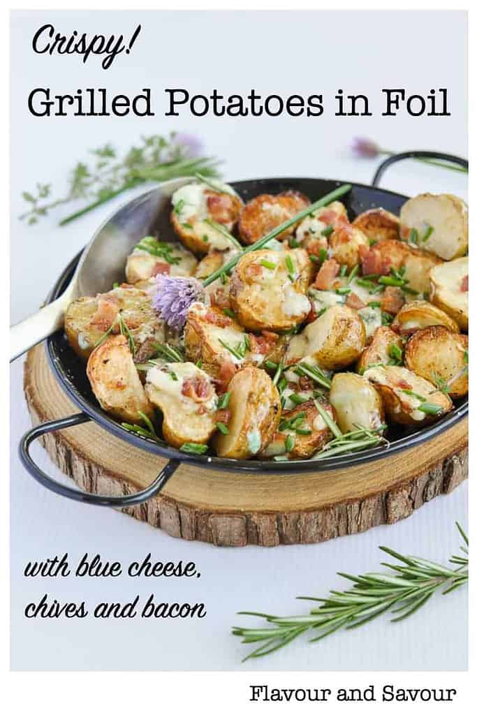 Pinterest Pin for Crispy Potatoes in foil with blue cheese