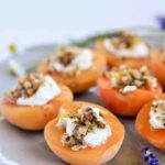 Fresh Apricot halves stuffed with goat cheese, walnuts and lavender honey