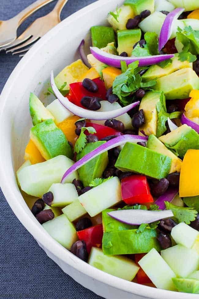 Close up view of Tomato Avocado Black Bean Salad