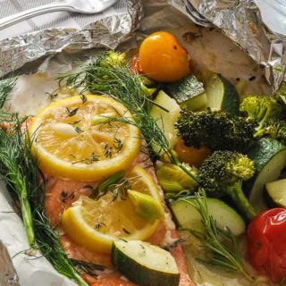 Wild Salmon and Veggies cooked in a foil packet