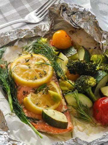 Wild Salmon and Veggies cooked in a foil packet