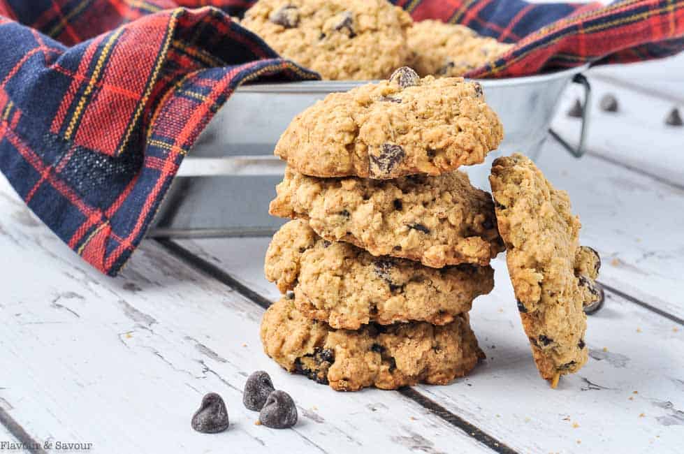 a stack of Gluten Free Cherry Chocolate Oatmeal Cookies