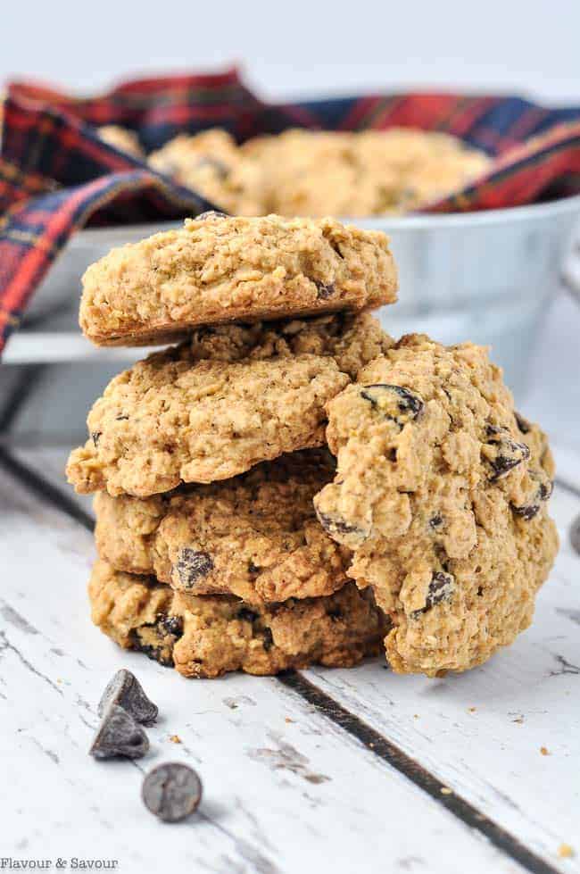 a stack of gluten-free cherry chocolate oatmeal cookies