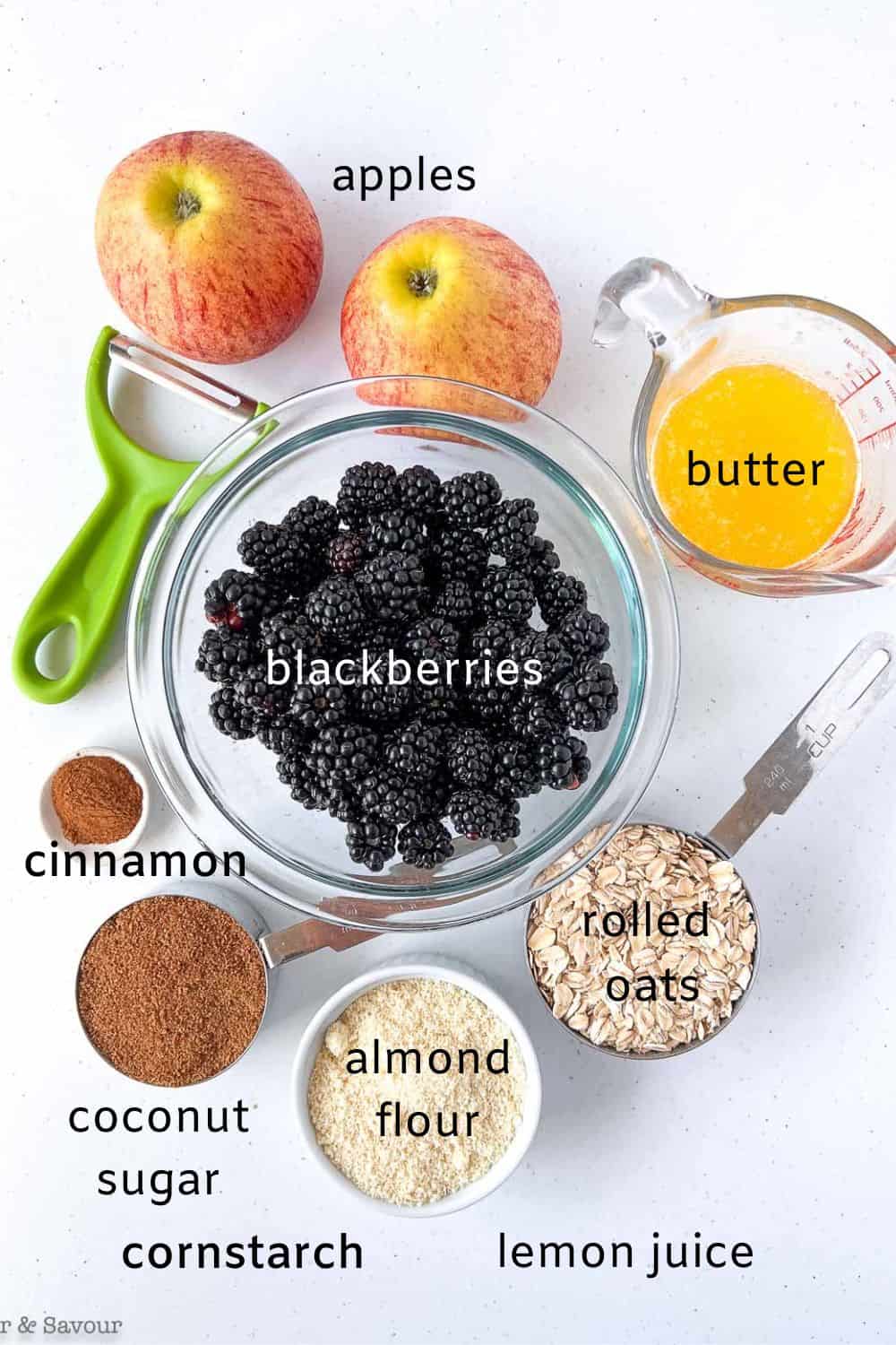 Labelled ingredients for apple blackberry crumble.