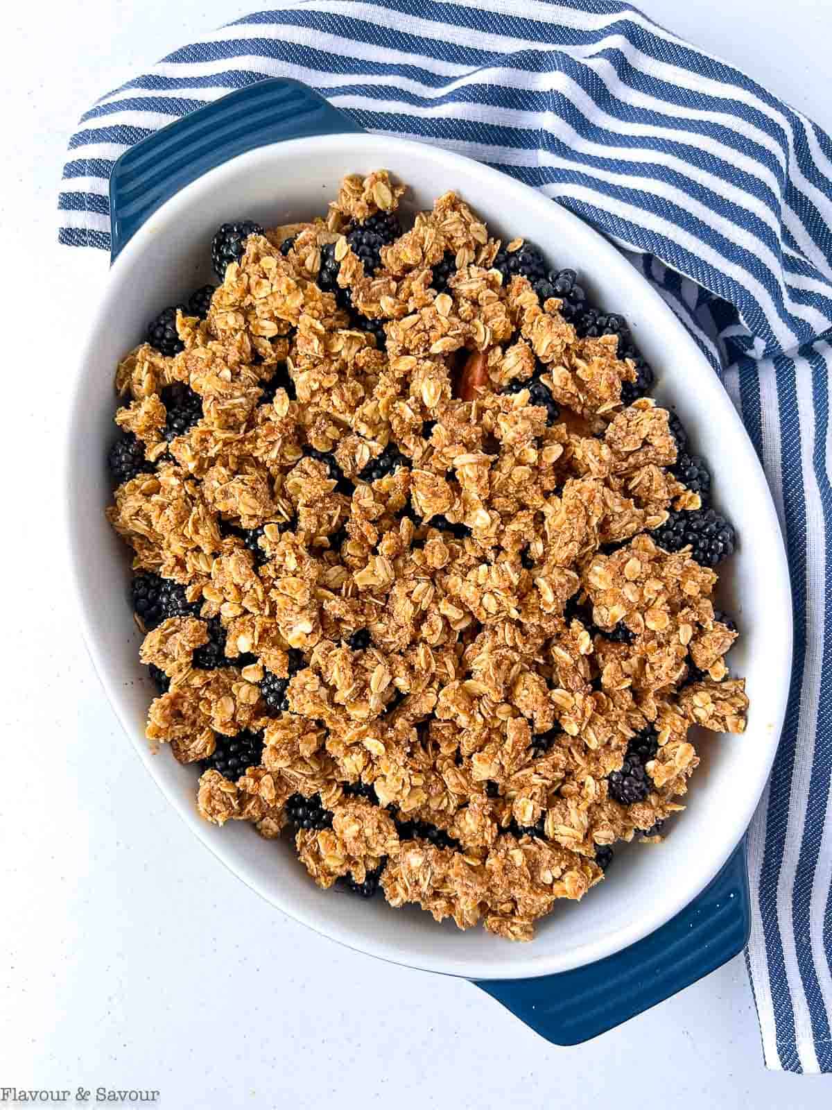 Apple blackberry crumble ready to bake.