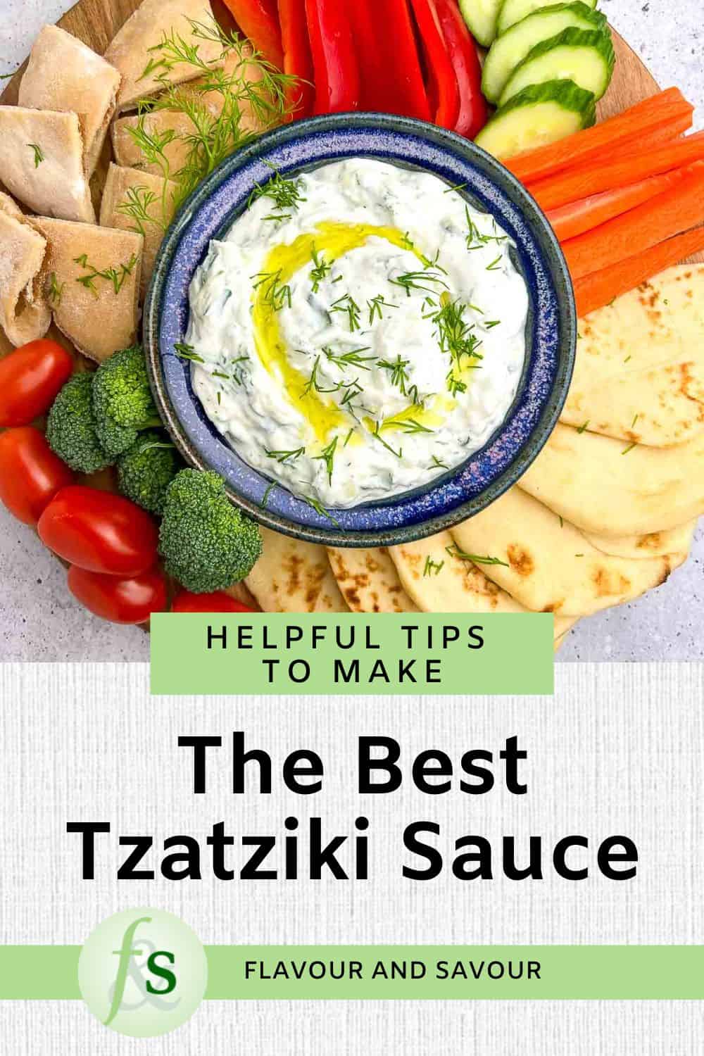 Image with text overlay for how to make tzatziki sauce.