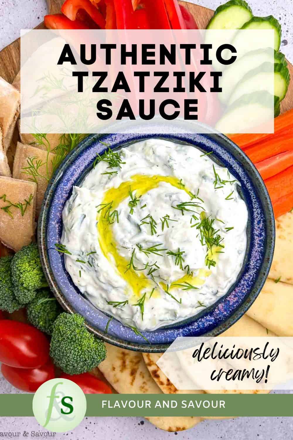 Image with text overlay for how to make tzatziki sauce.