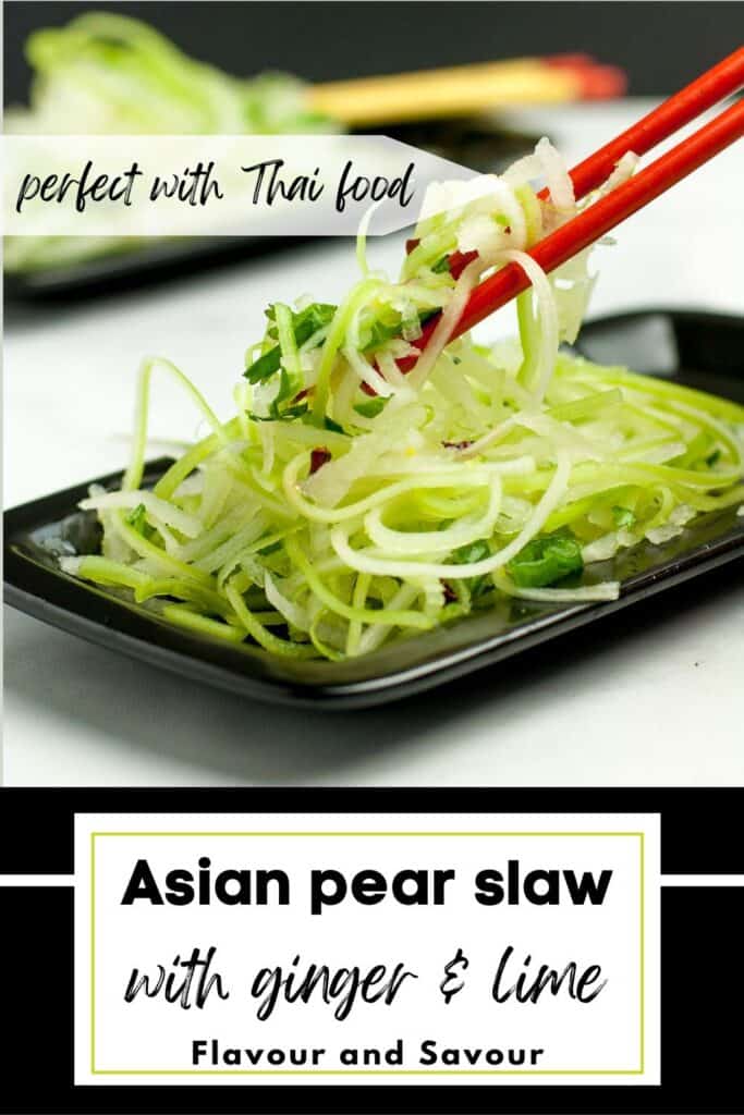 Image with text overlay for Asian Pear Slaw with ginger lime dressing.