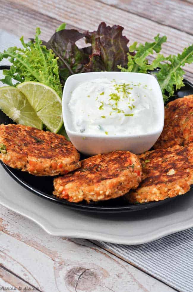 Baked Salmon Patties with Creamy Lime Dip with lime slices