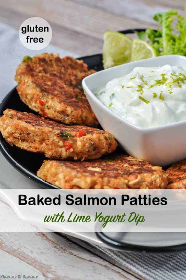 Pinterest image for Baked Salmon Patties with Lime yogurt dip