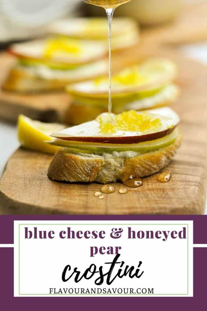 image and text for blue cheese honeyed pear crostini