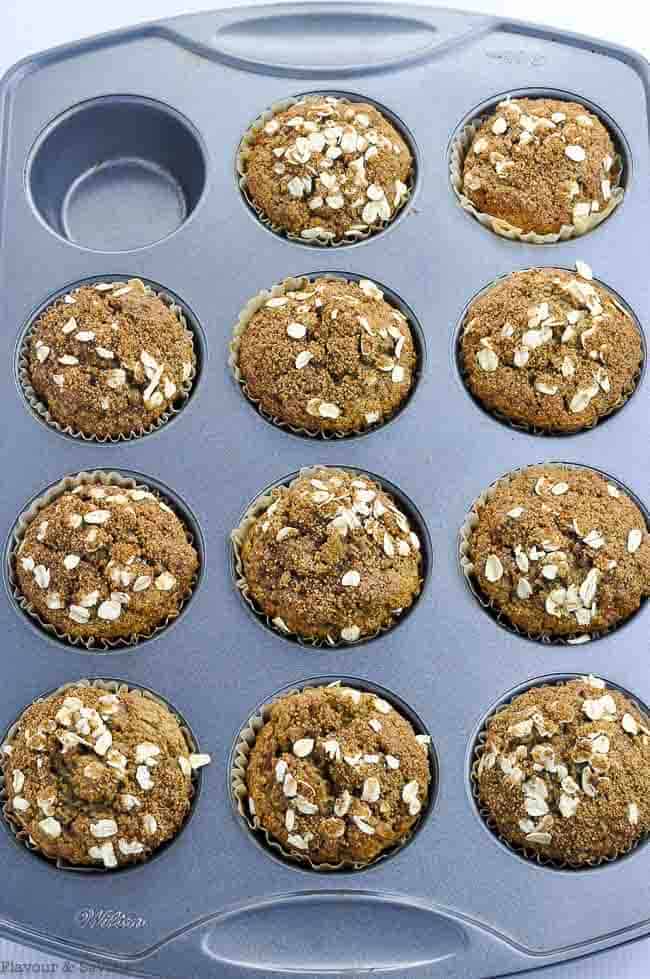 Chai Spiced Roasted Pear Muffins in muffin tin