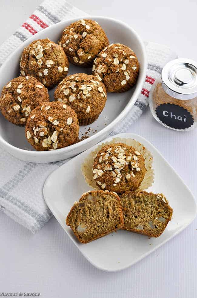 overhead view of pear oatmeal muffins in an oval bowl