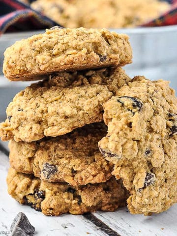 A stack of Gluten-free Cherry Chocolate Oatmeal Cookies.