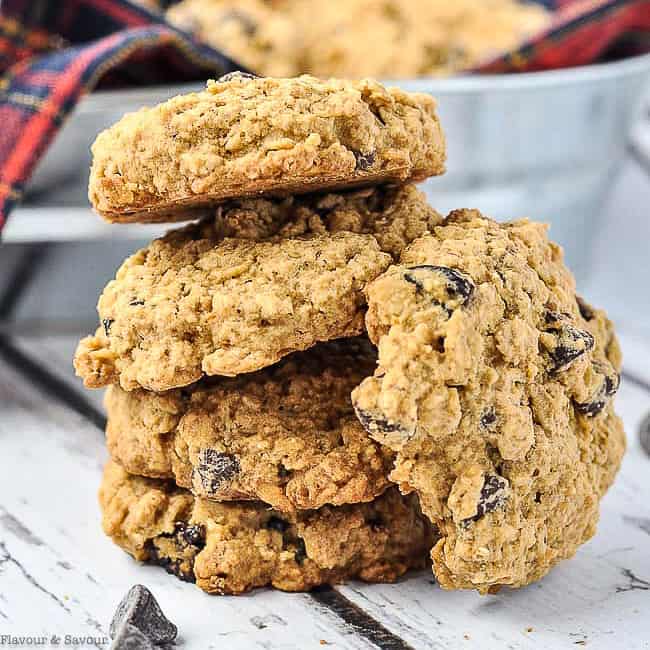 A stack of Gluten-free Cherry Chocolate Oatmeal Cookies.