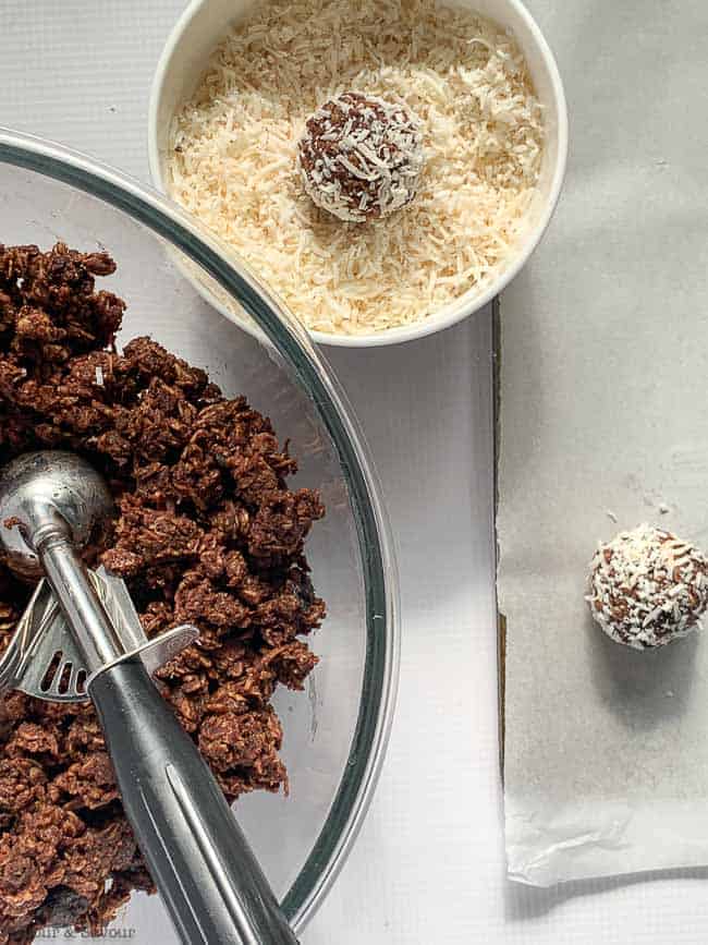 Ingredients for No Bake Chocolate Almond Snowballs