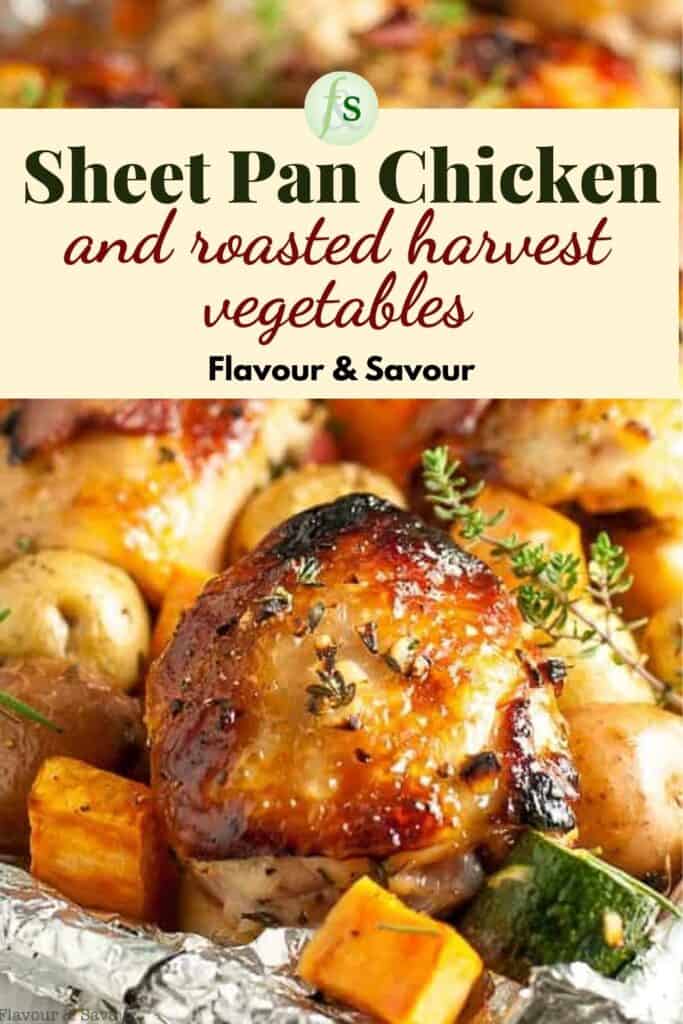 Image with text overlay for sheet pan chicken and roasted vegetables