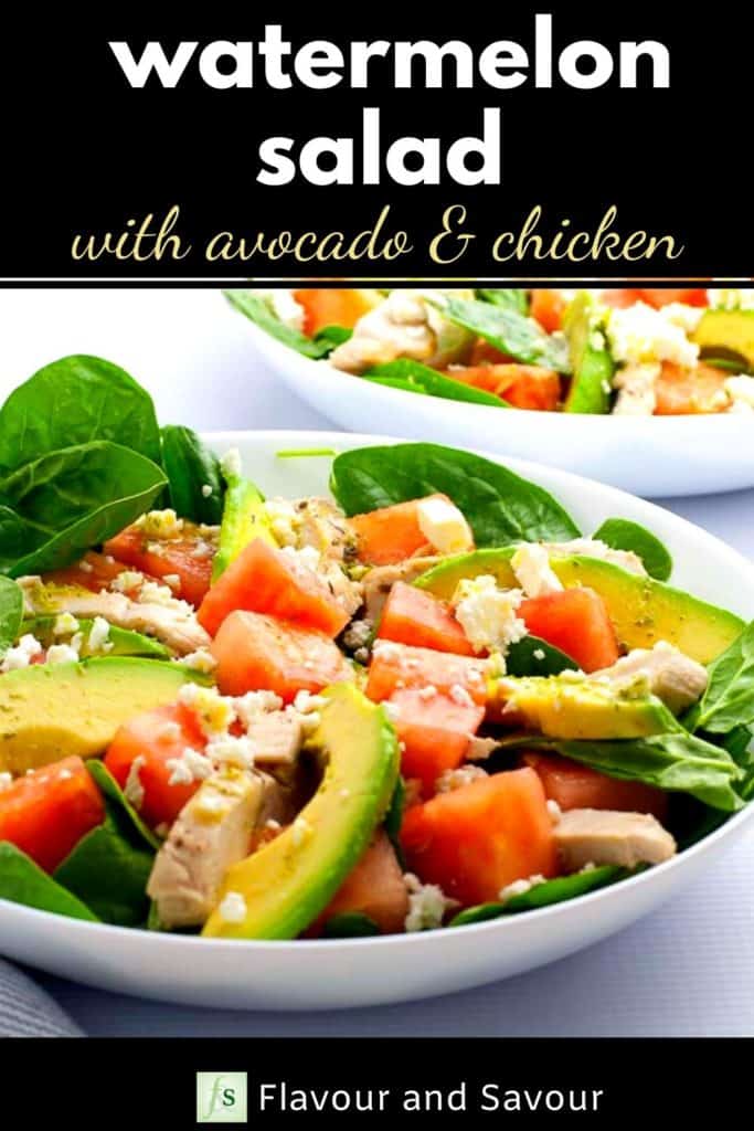 Watermelon Salad with Avocado and Chicken Pinterest pin