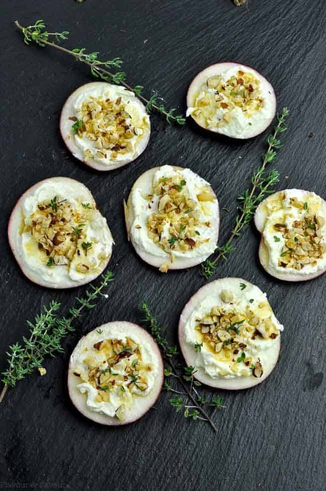 Whipped Feta Apple Hazelnut canapés on apple slices