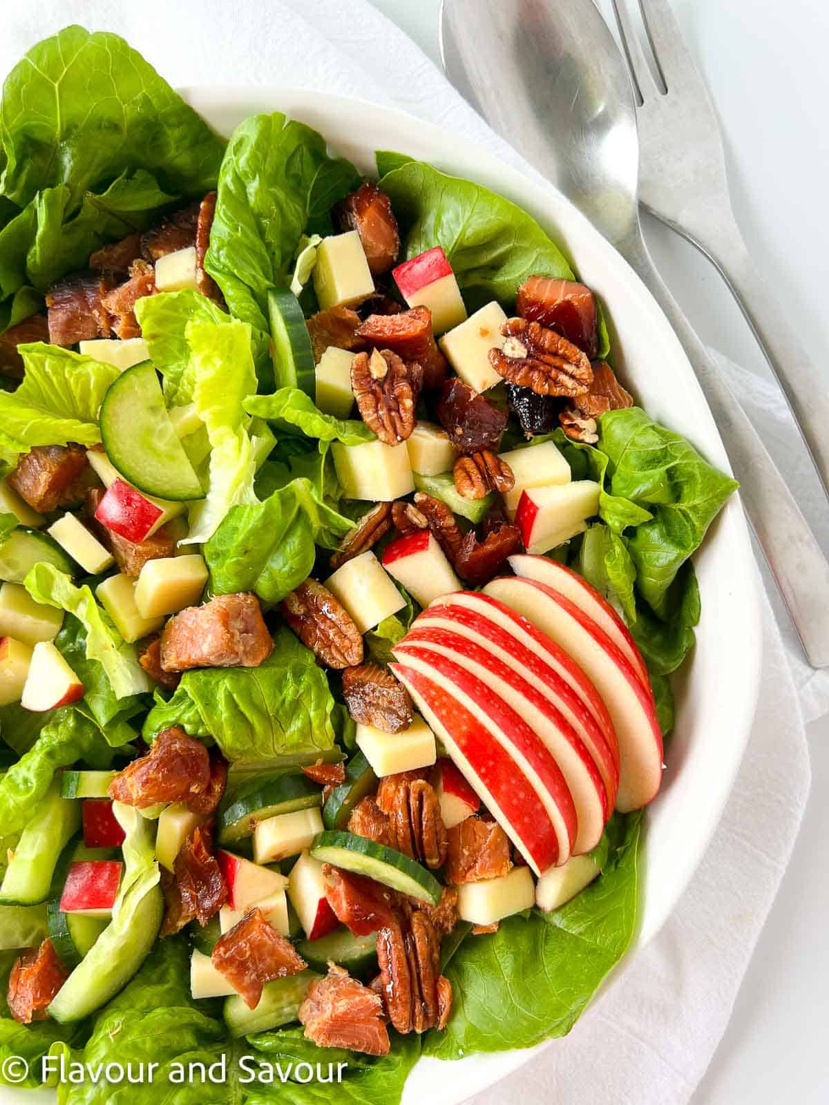 Close up view of a bowl of smoked salmon salad with apples, cheese and pecans.