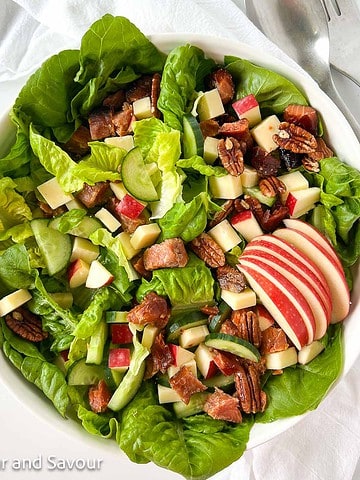 Overhead view of a bowl of salad with smoked salmon, apples, cheese and pecans.