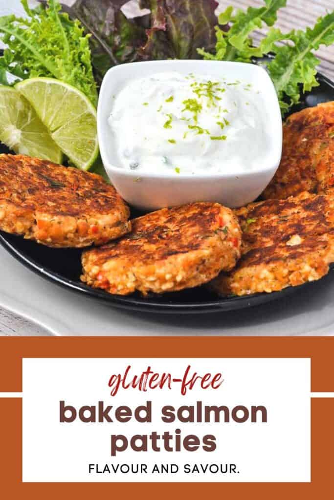 Image with text for baked salmon patties with creamy lime dip.