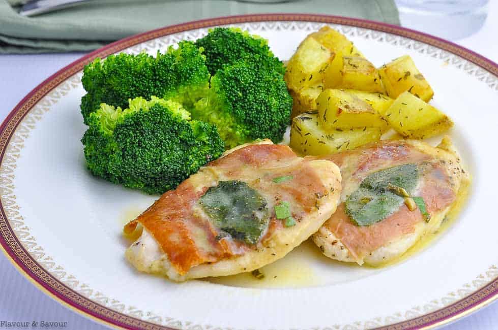 Chicken Saltimbocca with broccoli and roasted potatoes