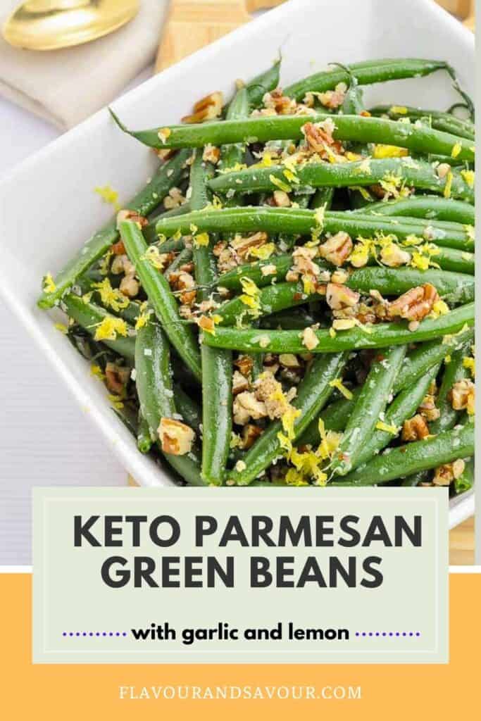 a bowl of Parmesan green beans with pecans and lemon zest