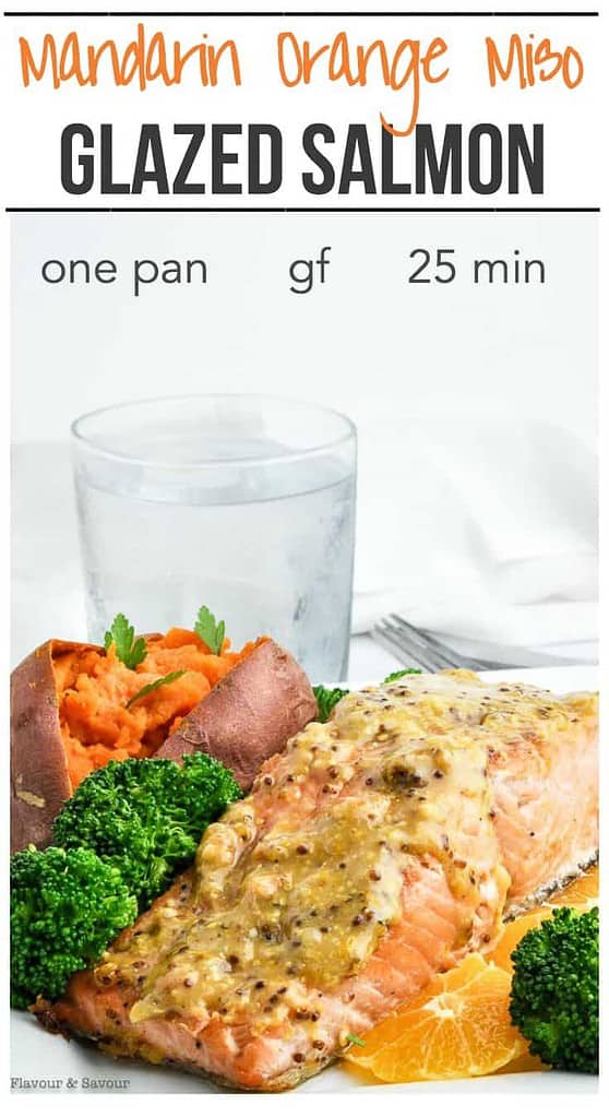 One pan Mandarin Orange Miso Glazed Salmon with sweet potato and broccoli