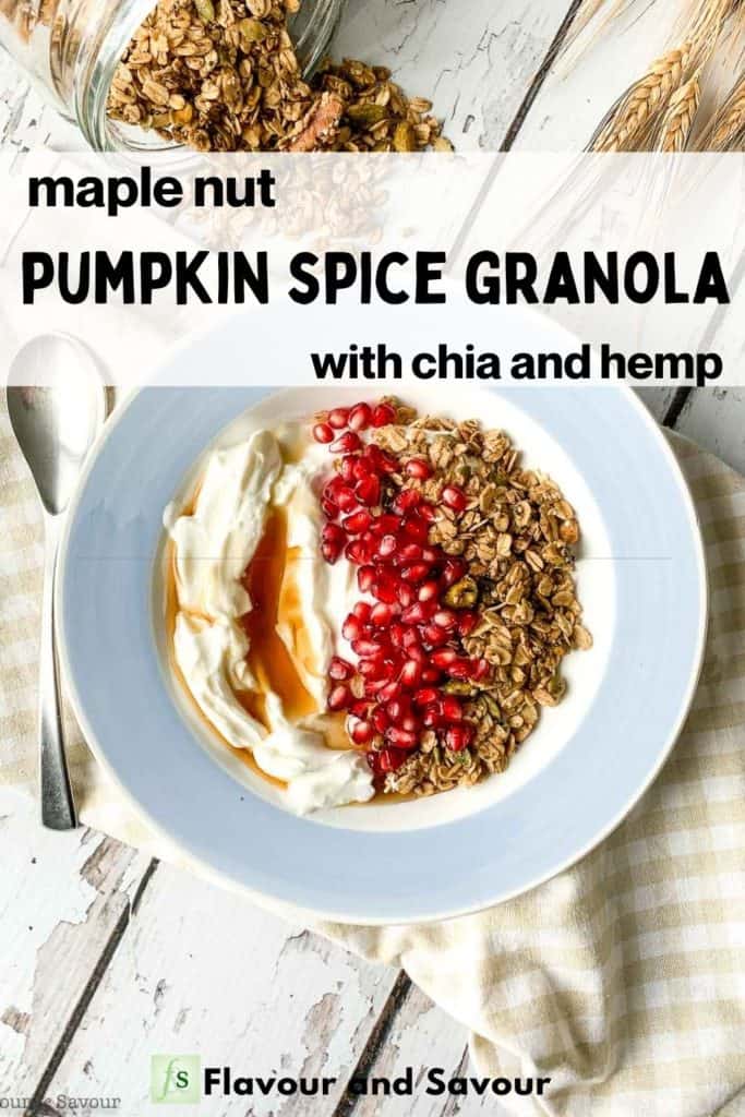 image with text overlay for maple nut pumpkin spice granola