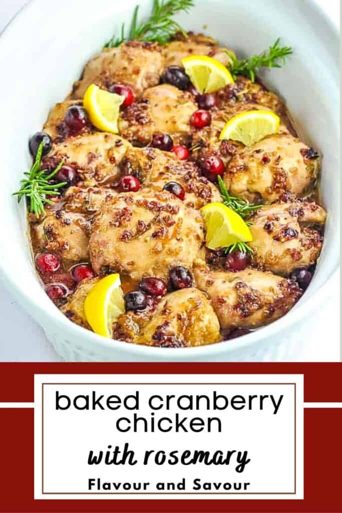 Image with text for cranberry rosemary chicken thighs.