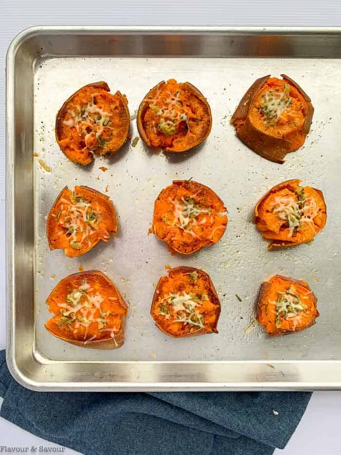 Baked Smashed Sweet Potatoes on baking sheet