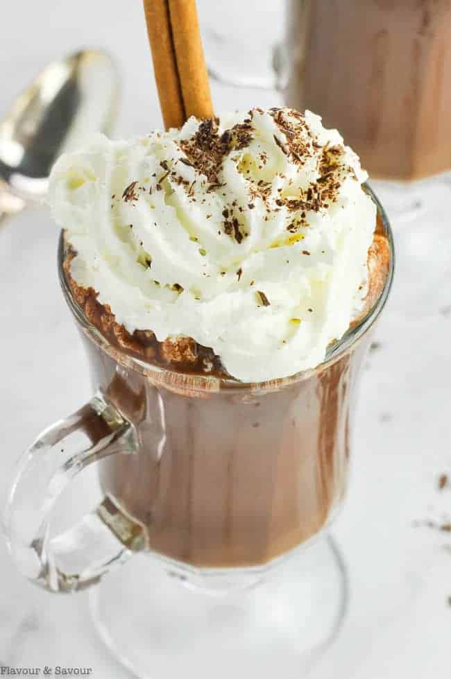 Dairy-Free Cashew Milk Spiced Hot Cocoa topped with whipped cream.