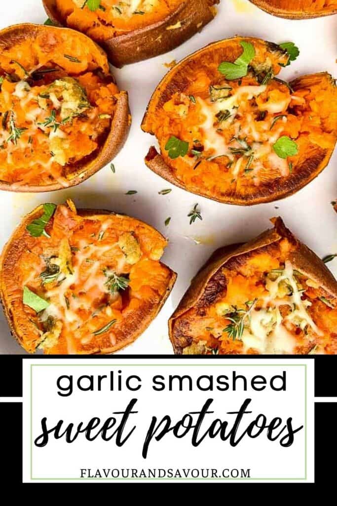 image with text for rosemary garlic smashed sweet potatoes