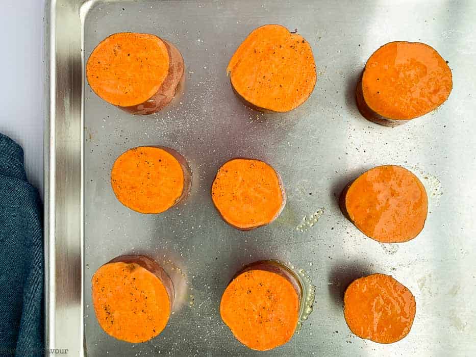 smashed sweet potatoes ready for the oven