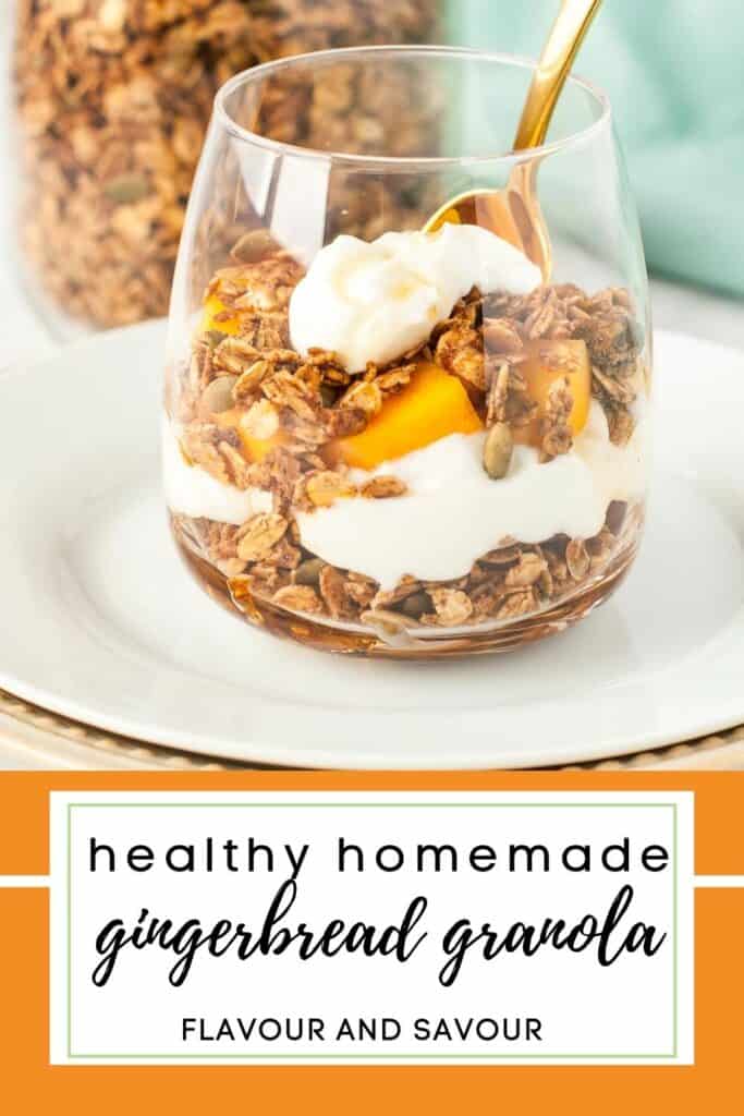 image with text overlay for gingerbread spiced granola