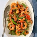 Overhead view Lemon Garlic Shrimp and Snow Pea Stir Fry