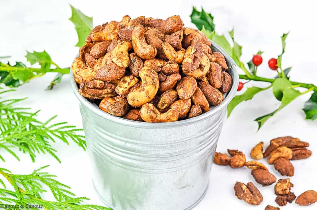 a tin filled with gingerbread spiced nuts