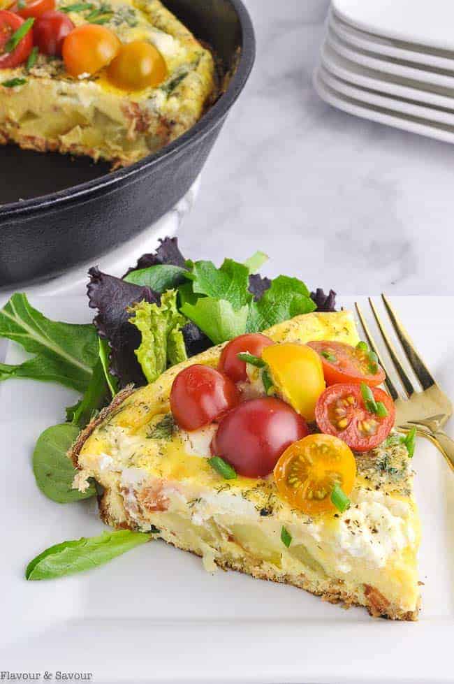 A serving of Smoked Salmon Spinach Frittata, a healthy egg recipe.