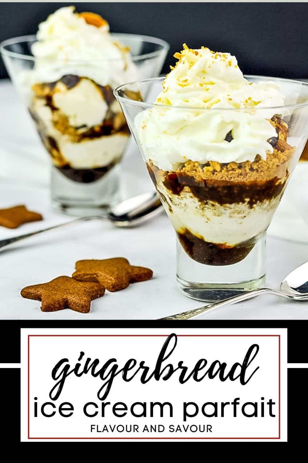 image with text for gingerbread ice cream parfait