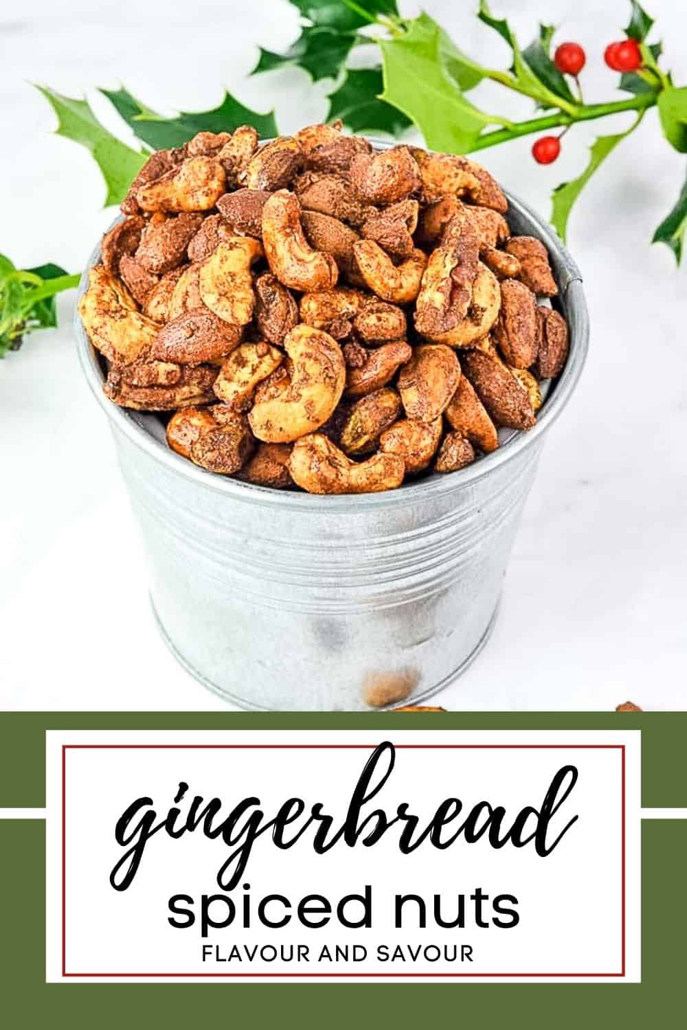 image with text for gingerbread spiced nuts