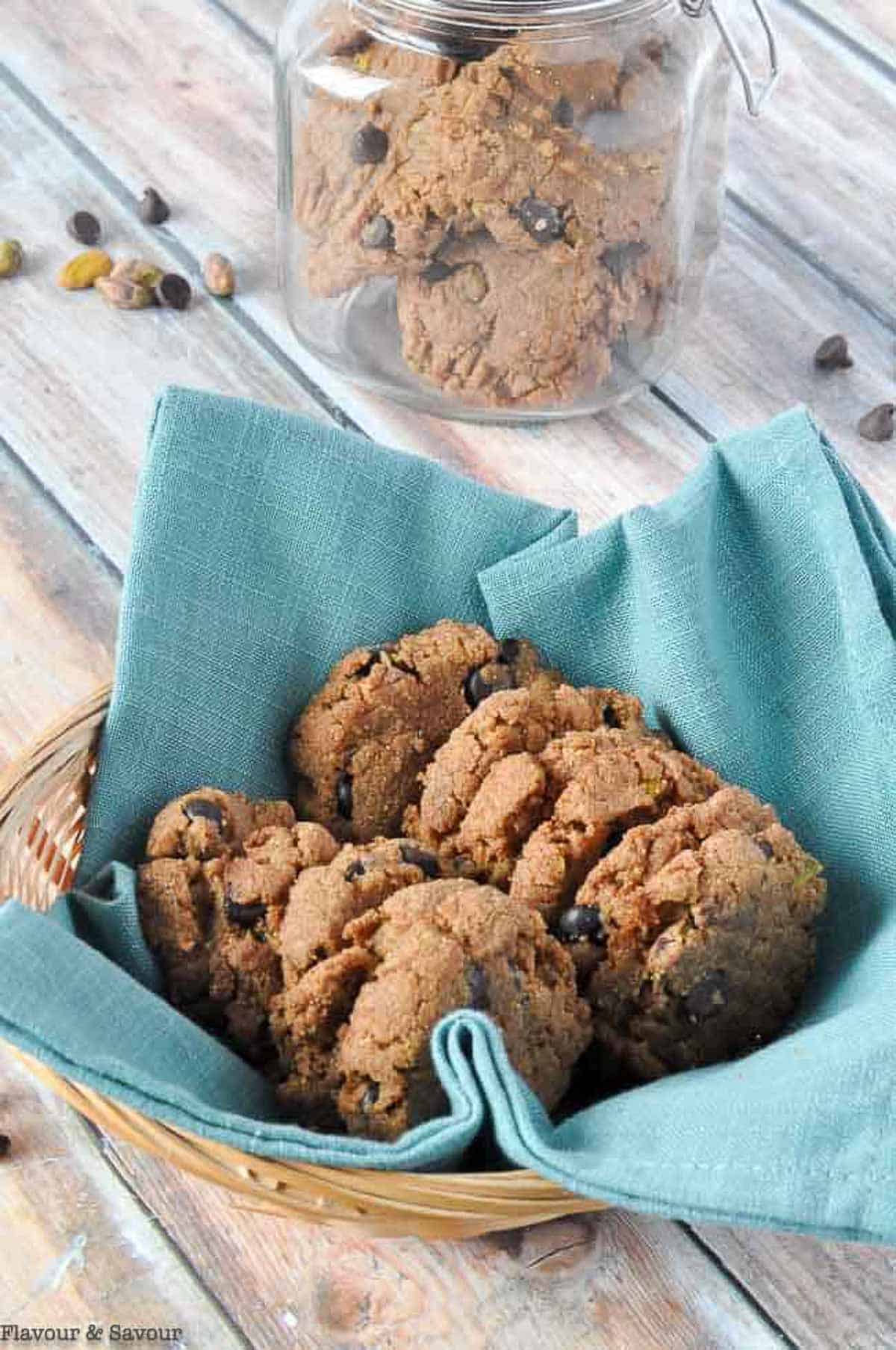 Keto Almond Butter chocolate chip cookies in a basket.