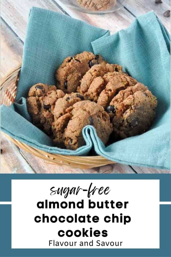 Keto almond butter chocolate chip cookies image with text.