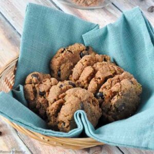 Flourless Keo almond butter chocolate chip cookies in a basket.