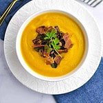Butternut Squash Soup with toppings overhead view