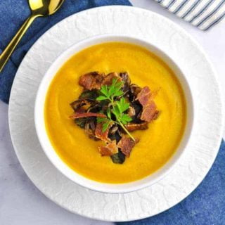 Butternut Squash Soup with toppings overhead view