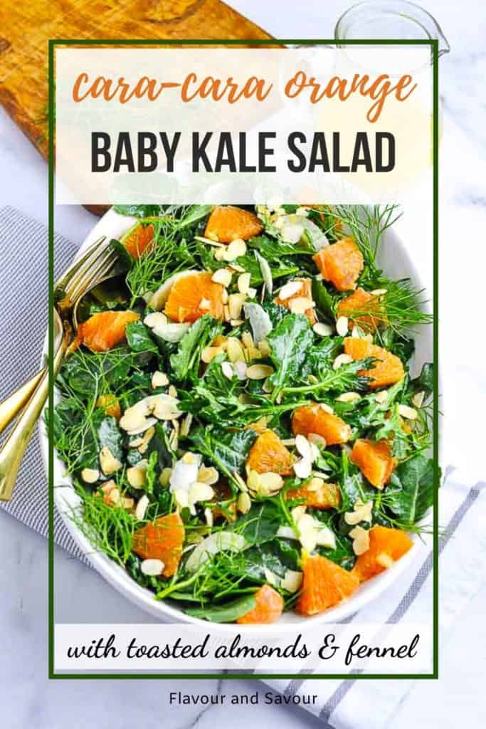 Image with text overlay for Kale and Cara Cara Orange Salad