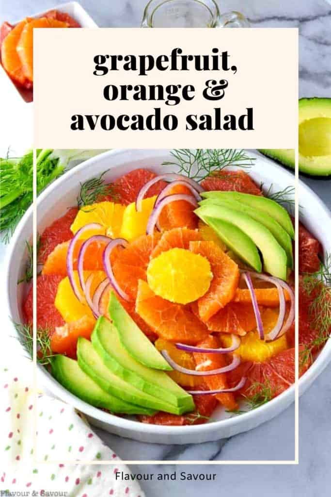 Image with text overlay Grapefruit Orange Avocado Salad
